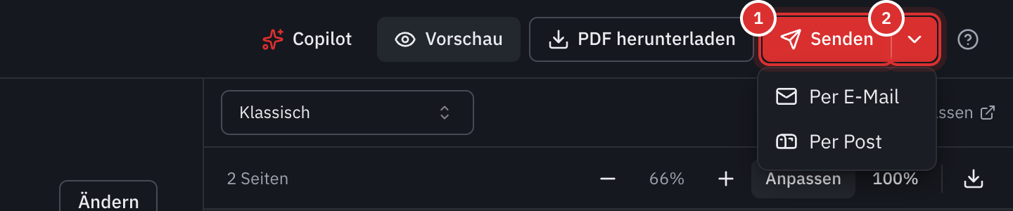 Der obere Teil des Rechnungseditors: die Schaltfläche Senden und ihr geöffneter Pfeil, mit Per E-Mail und Per Post.