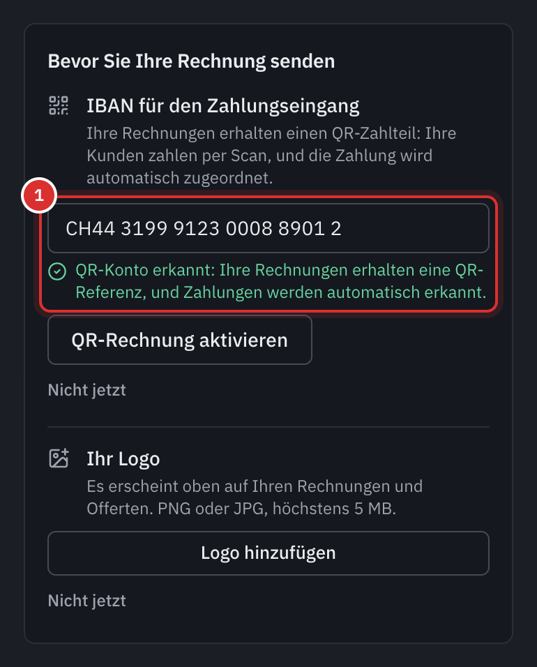 Der Rahmen Bevor Sie Ihre Rechnung senden: eine eingefügte QR-IBAN in IBAN für den Zahlungseingang, die Zeile QR-Konto erkannt und die Schaltfläche QR-Rechnung aktivieren.