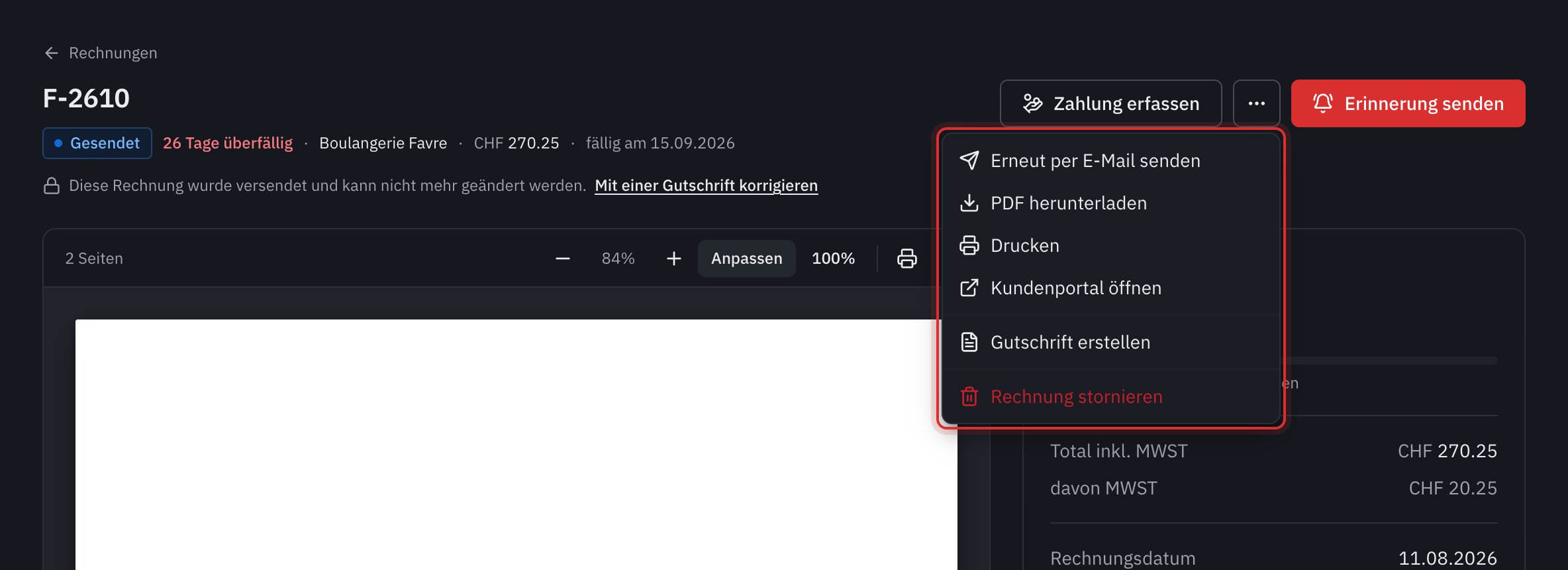 Das Menü Weitere Aktionen einer gesendeten Rechnung: Erneut per E-Mail senden, PDF herunterladen, Drucken, Kundenportal öffnen, Gutschrift erstellen und Rechnung stornieren.