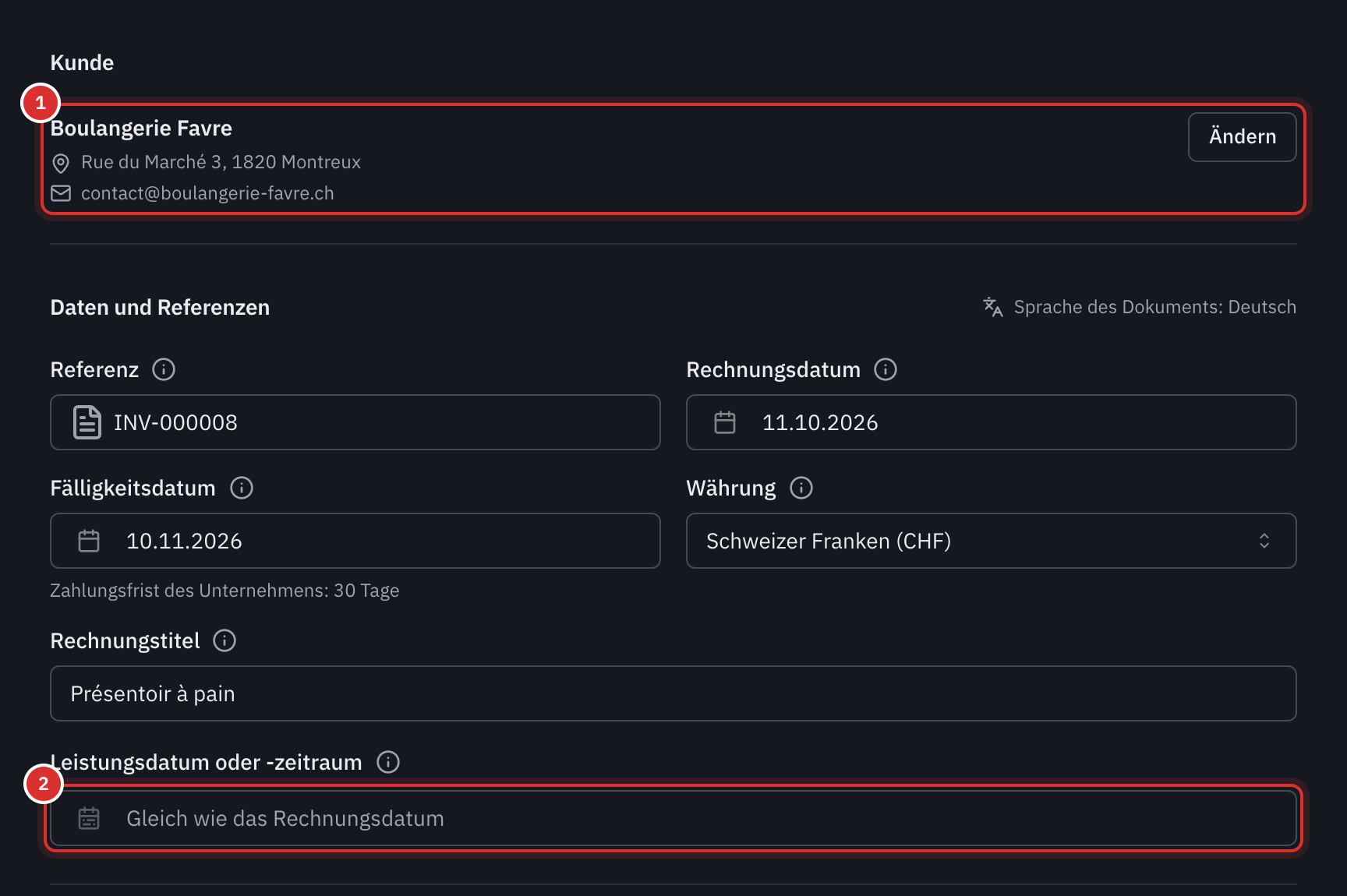 Die Teile Kunde und Daten und Referenzen: der gewählte Kunde mit Adresse, Referenz, Rechnungs- und Fälligkeitsdatum mit der Zahlungsfrist, Währung, Titel und das Feld Leistungsdatum oder -zeitraum.