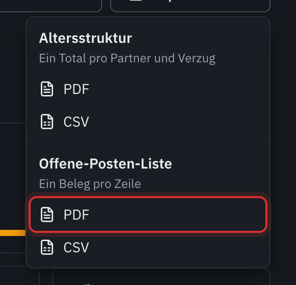 Das Menü Exportieren: Altersstruktur als PDF oder CSV, Offene-Posten-Liste als PDF oder CSV.