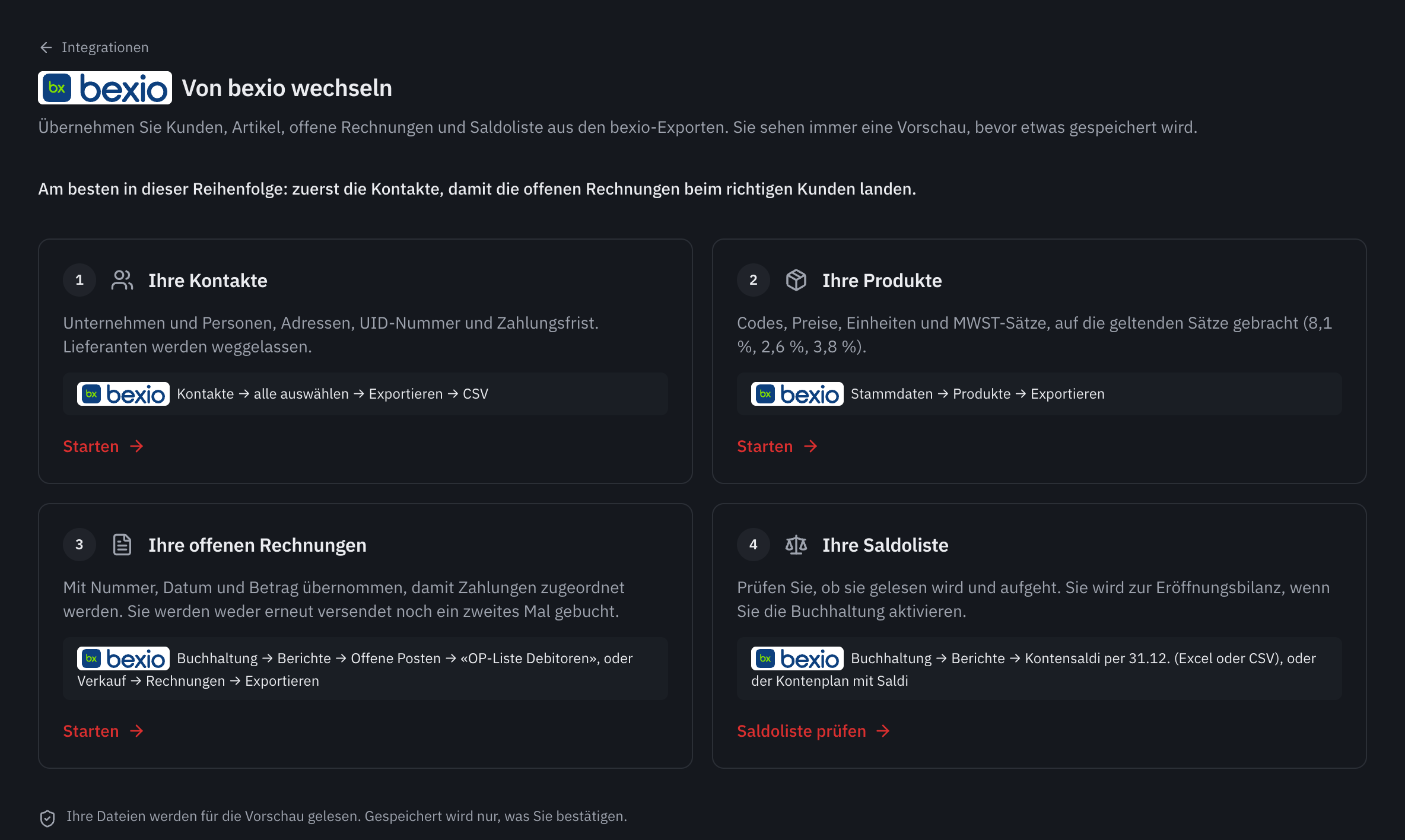 Die Seite Von bexio wechseln mit ihren vier Schritten: Ihre Kontakte, Ihre Produkte, Ihre offenen Rechnungen und Ihre Saldoliste, jeweils mit dem Pfad des Exports in bexio.