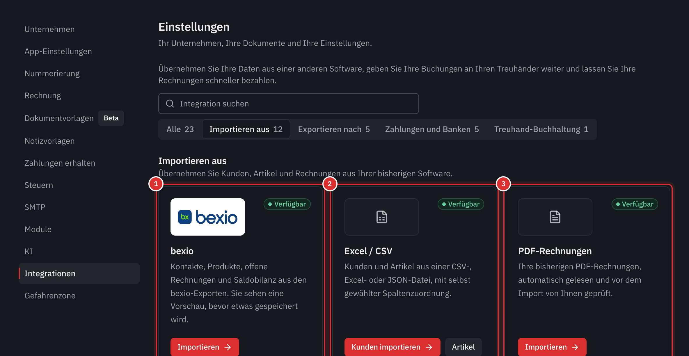 Einstellungen, Integrationen, Kategorie Importieren aus: die Karten bexio, Excel / CSV und PDF-Rechnungen, verfügbar.