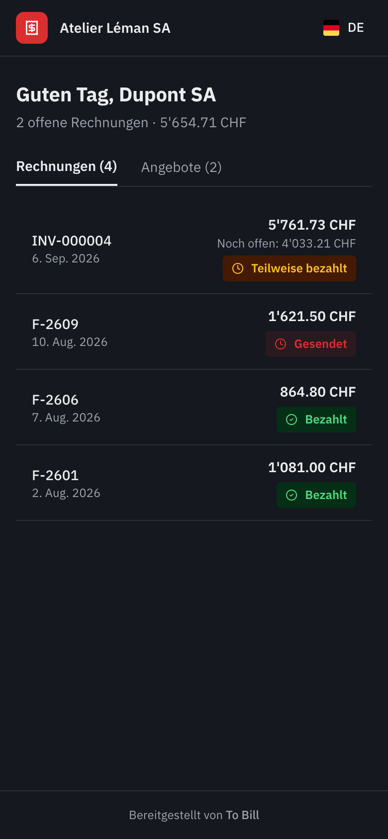 Das Kundenportal auf einem Telefon, mit der Liste der Rechnungen.