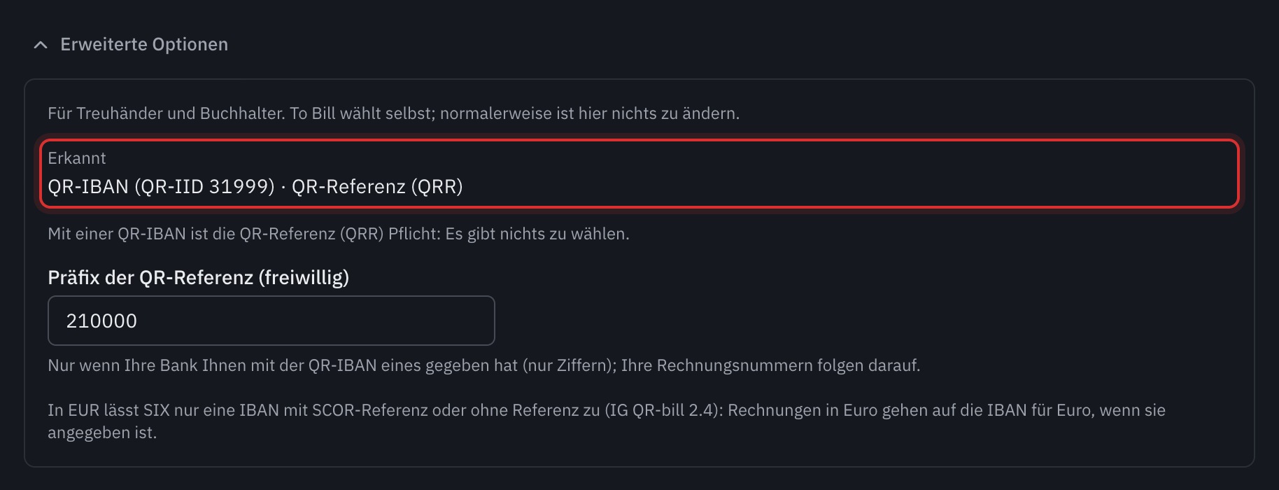 Die geöffneten erweiterten Optionen für eine QR-IBAN: der erkannte Typ QR-IBAN (QR-IID 31999) mit QR-Referenz (QRR), das Präfix der QR-Referenz und die Regel für Euro.