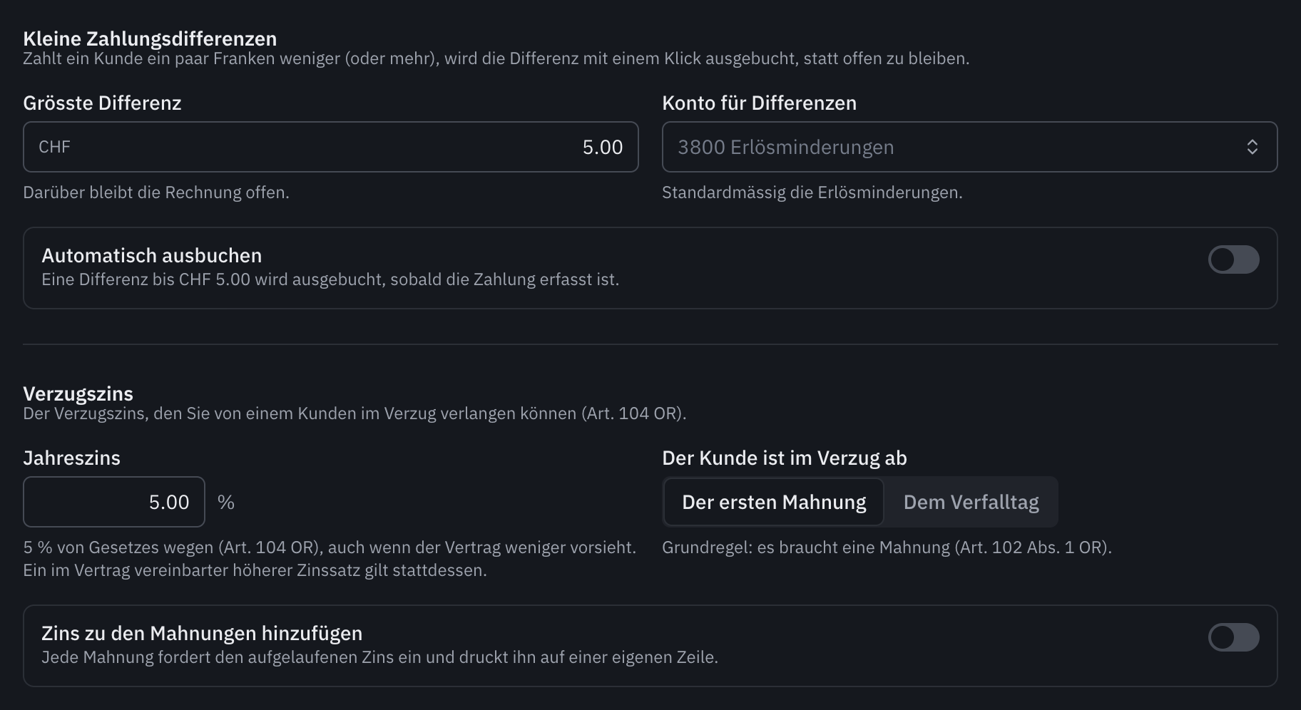 Der Bereich Differenzen und Verzugszins: die kleinen Zahlungsdifferenzen, der Jahreszins von 5 %, der Verzugsbeginn mit der ersten Mahnung und die Option, den Zins zu den Mahnungen hinzuzufügen.