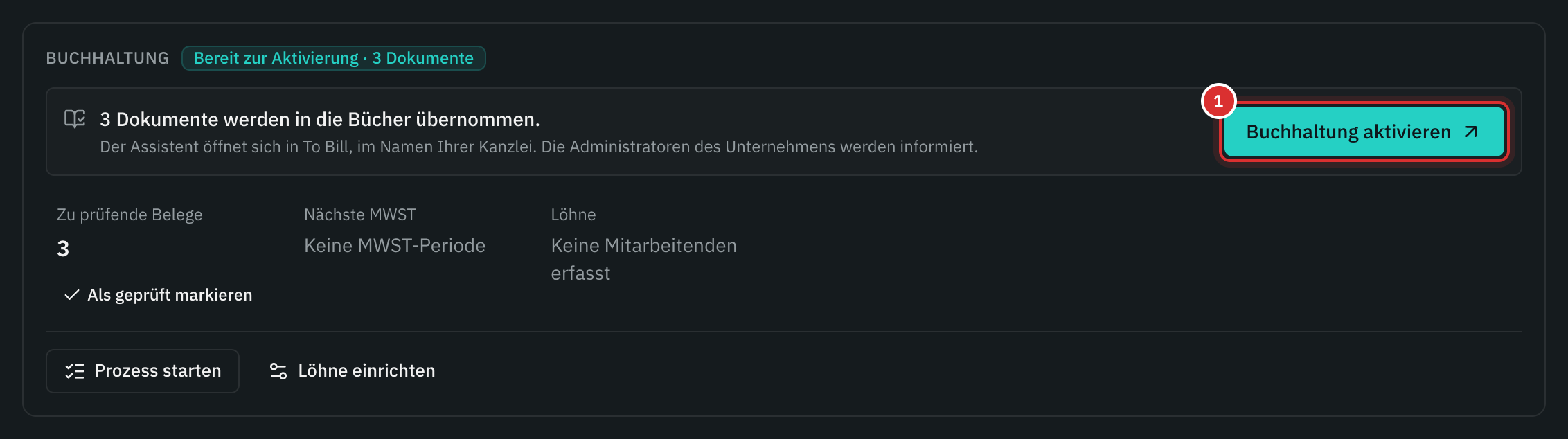 Die Karte Buchhaltung eines Mandats, das zur Aktivierung bereit ist: drei Dokumente werden übernommen, und die Schaltfläche Buchhaltung aktivieren.
