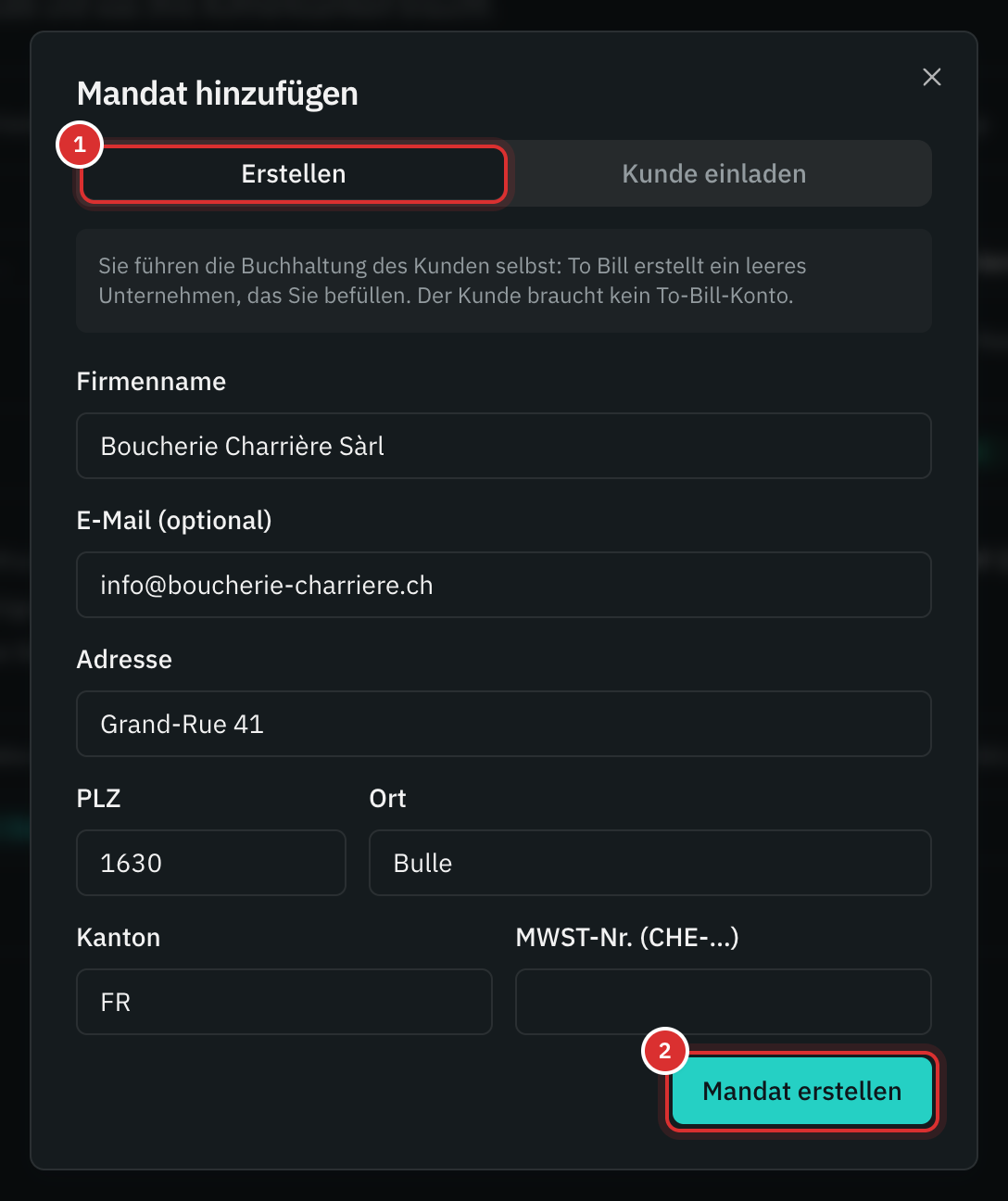 Das Fenster Mandat hinzufügen, Tab Erstellen: Name, E-Mail und Adresse des Unternehmens und die Schaltfläche Mandat erstellen.