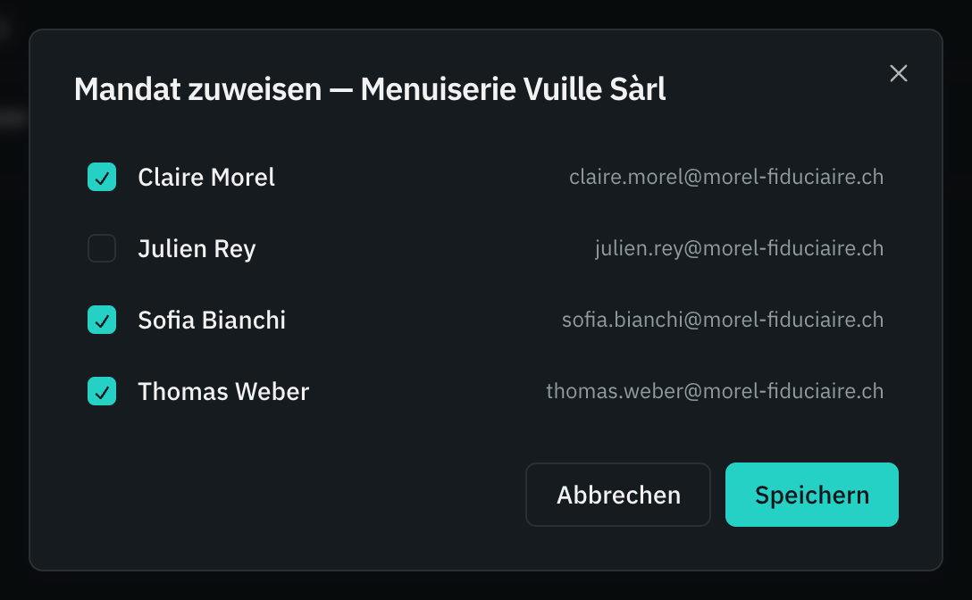 Das Fenster Mandat zuweisen: die Personen der Kanzlei, angekreuzt für jene, die es betreuen.