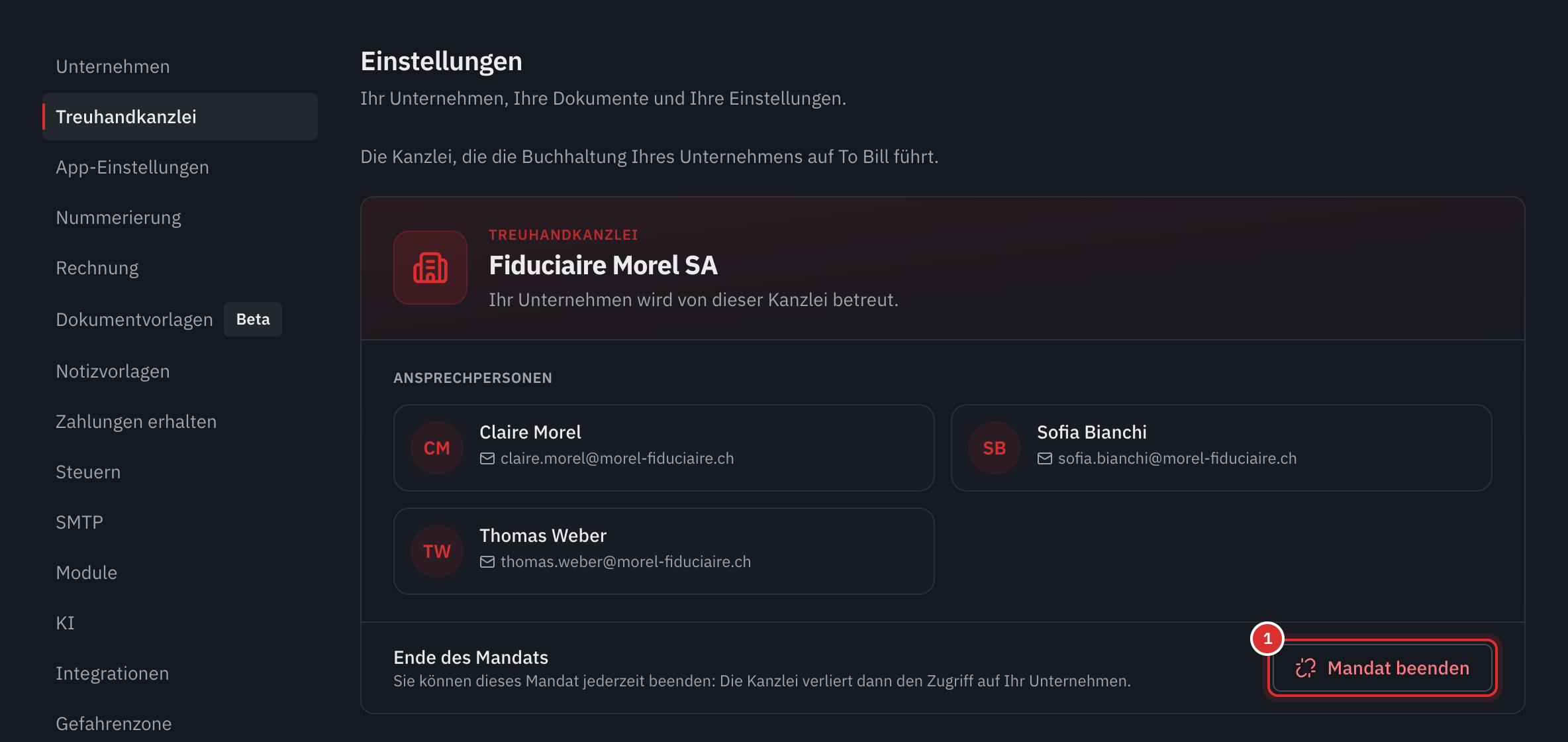 Die Seite Treuhandkanzlei des Kunden: die Kanzlei, ihre Verantwortlichen und die Schaltfläche Mandat beenden.