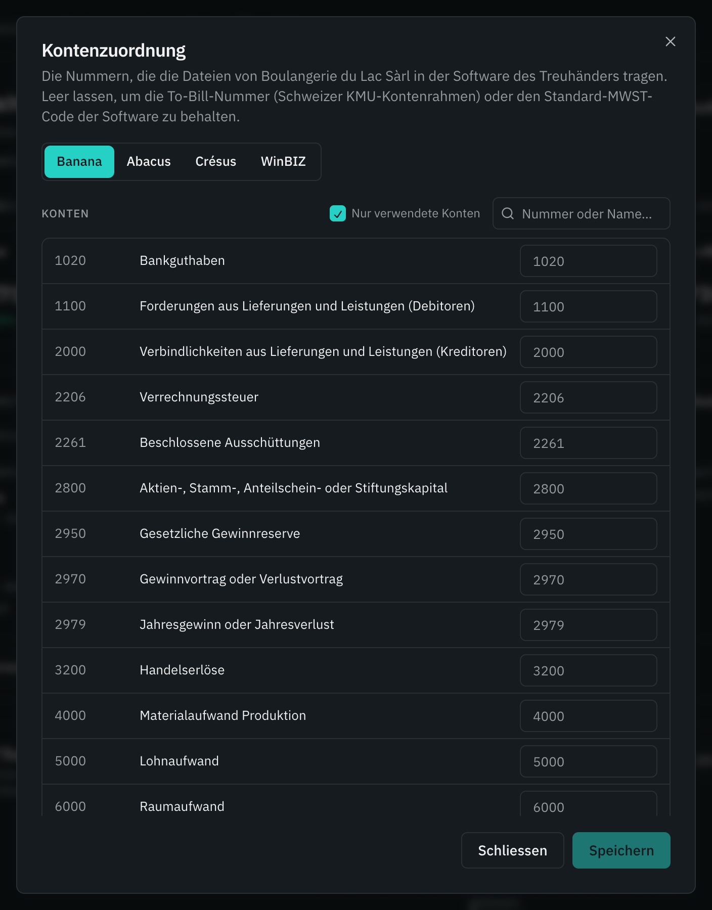 Das Fenster Kontenzuordnung: die To-Bill-Konten und daneben ihre Nummer in der Software des Treuhänders, darunter die MWST-Codes.