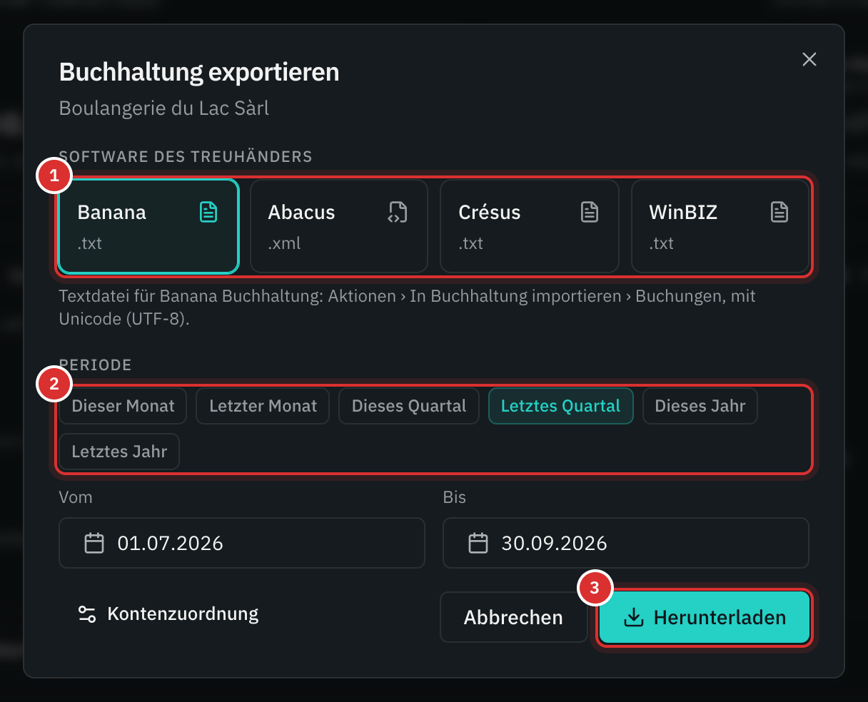 Das Fenster Buchhaltung exportieren: Banana gewählt, die Periode des letzten Quartals und die Schaltfläche Herunterladen.
