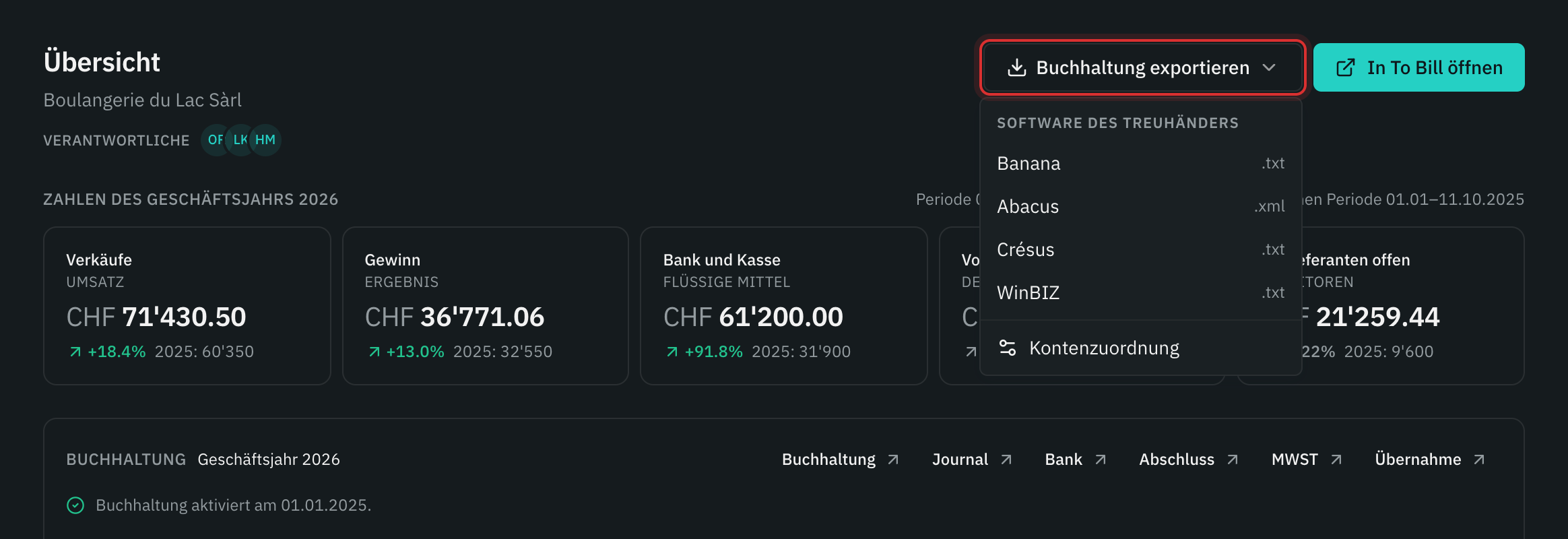 Das Menü Buchhaltung exportieren: Banana, Abacus, Crésus, WinBIZ und Kontenzuordnung.