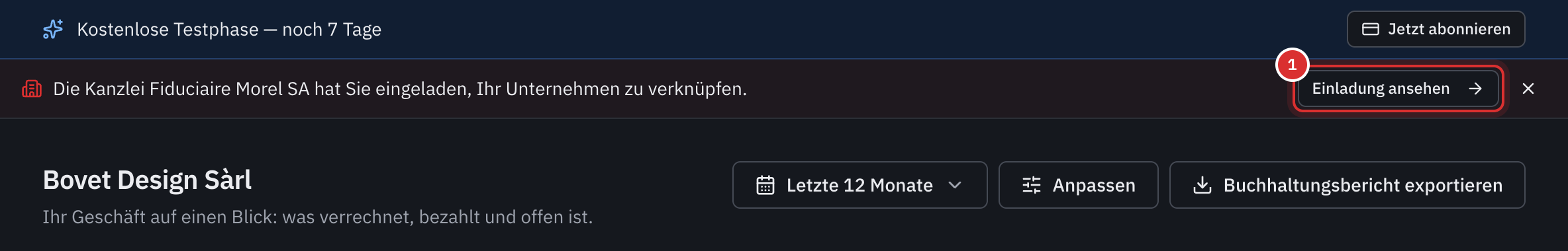 Das Dashboard des Kunden mit dem Banner der Einladung der Kanzlei und der Schaltfläche Einladung ansehen.