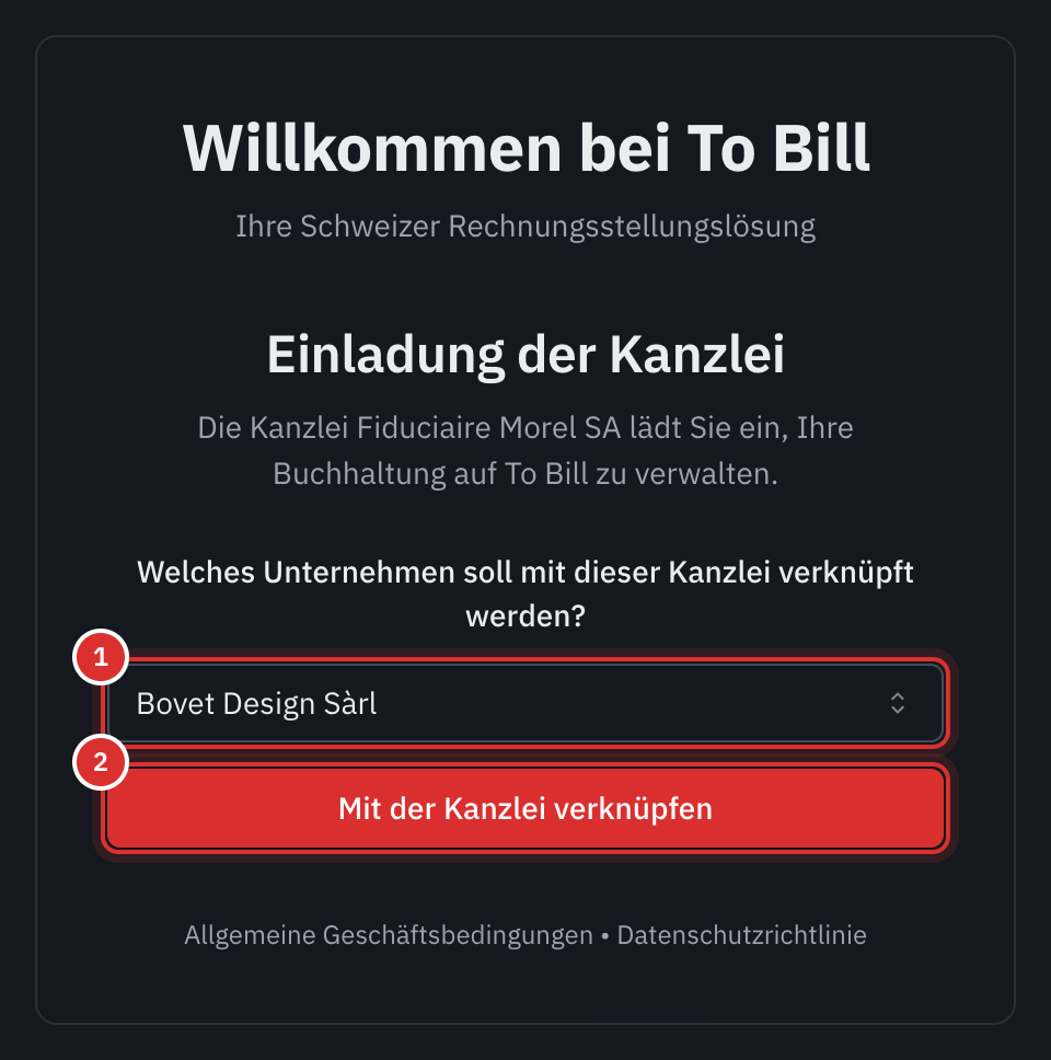 Die Seite Einladung der Kanzlei: die Wahl des Unternehmens und die Schaltfläche Mit der Kanzlei verknüpfen.