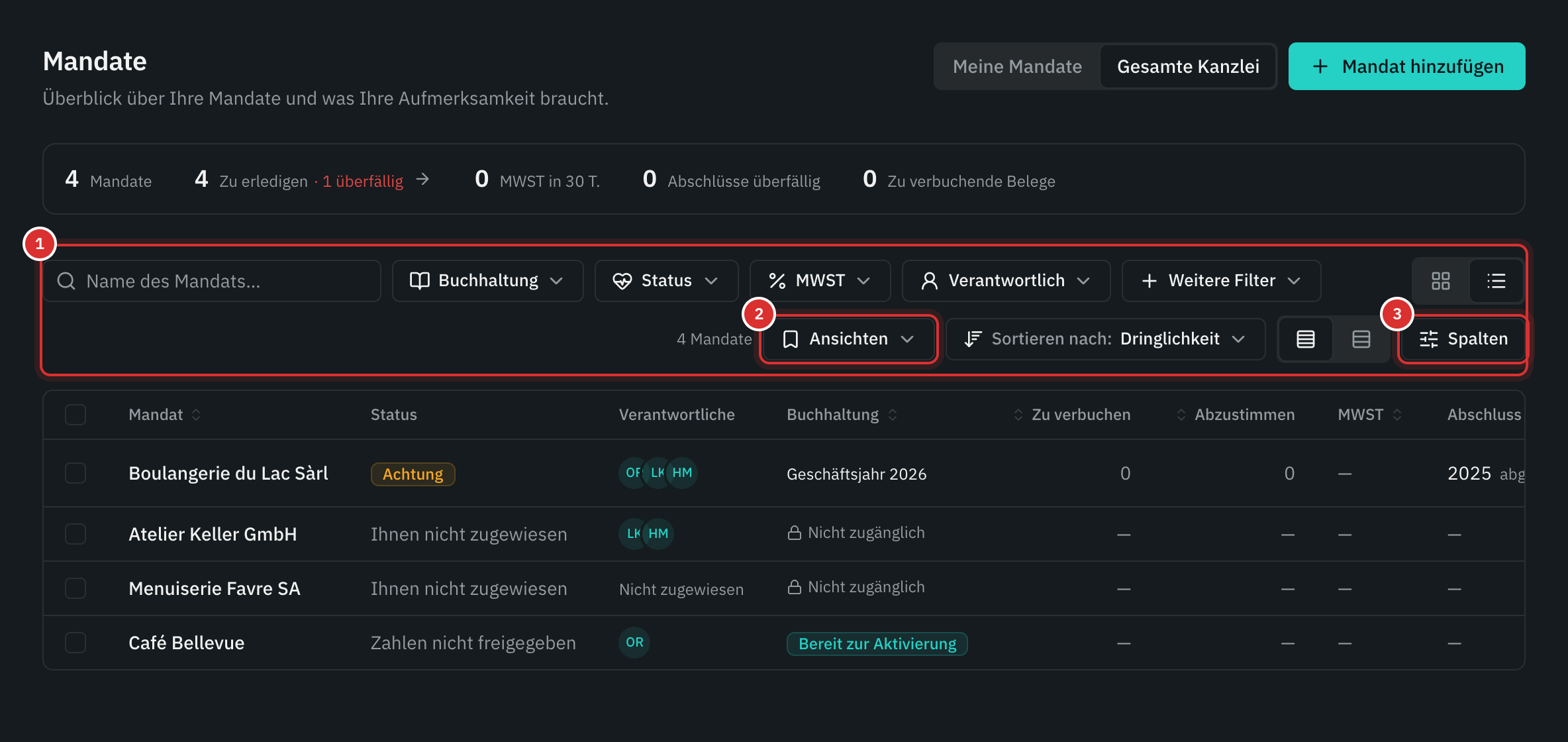 Die Mandate als Tabelle: die Such- und Filterleiste, die Schaltfläche Ansichten und die Schaltfläche Spalten.