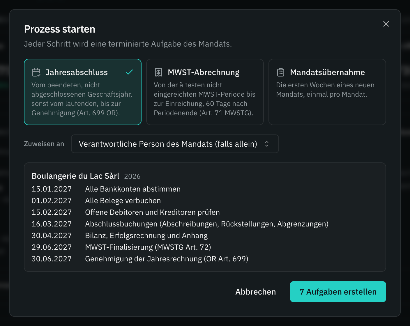 Das Fenster Prozess starten: Jahresabschluss gewählt, seine sieben terminierten Schritte und die Schaltfläche 7 Aufgaben erstellen.