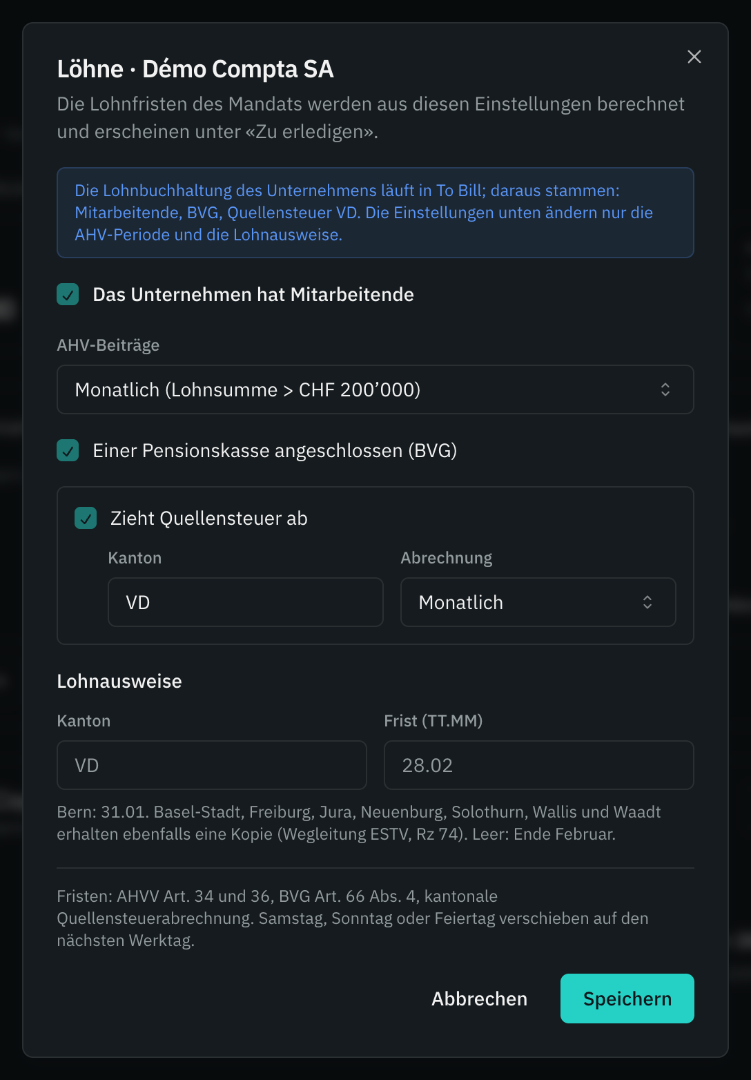 Das Fenster Löhne eines Mandats: die Mitarbeitenden, der AHV-Rhythmus, das BVG, die Quellensteuer und die Lohnausweise.