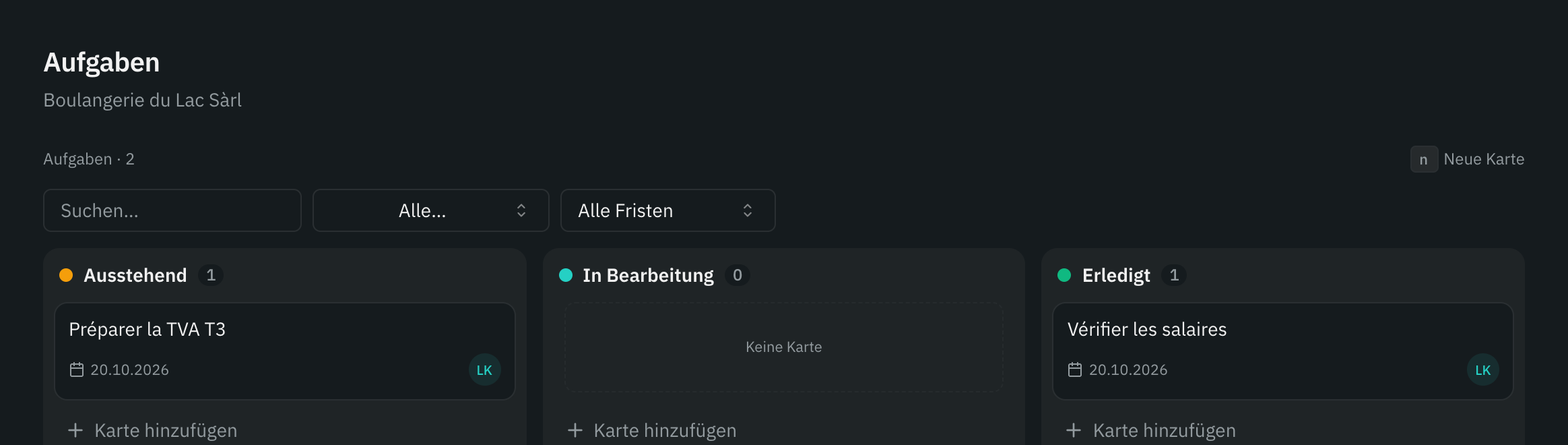Das Aufgabenbrett eines Mandats: die Spalten Ausstehend, In Bearbeitung und Erledigt, mit je einer Karte.