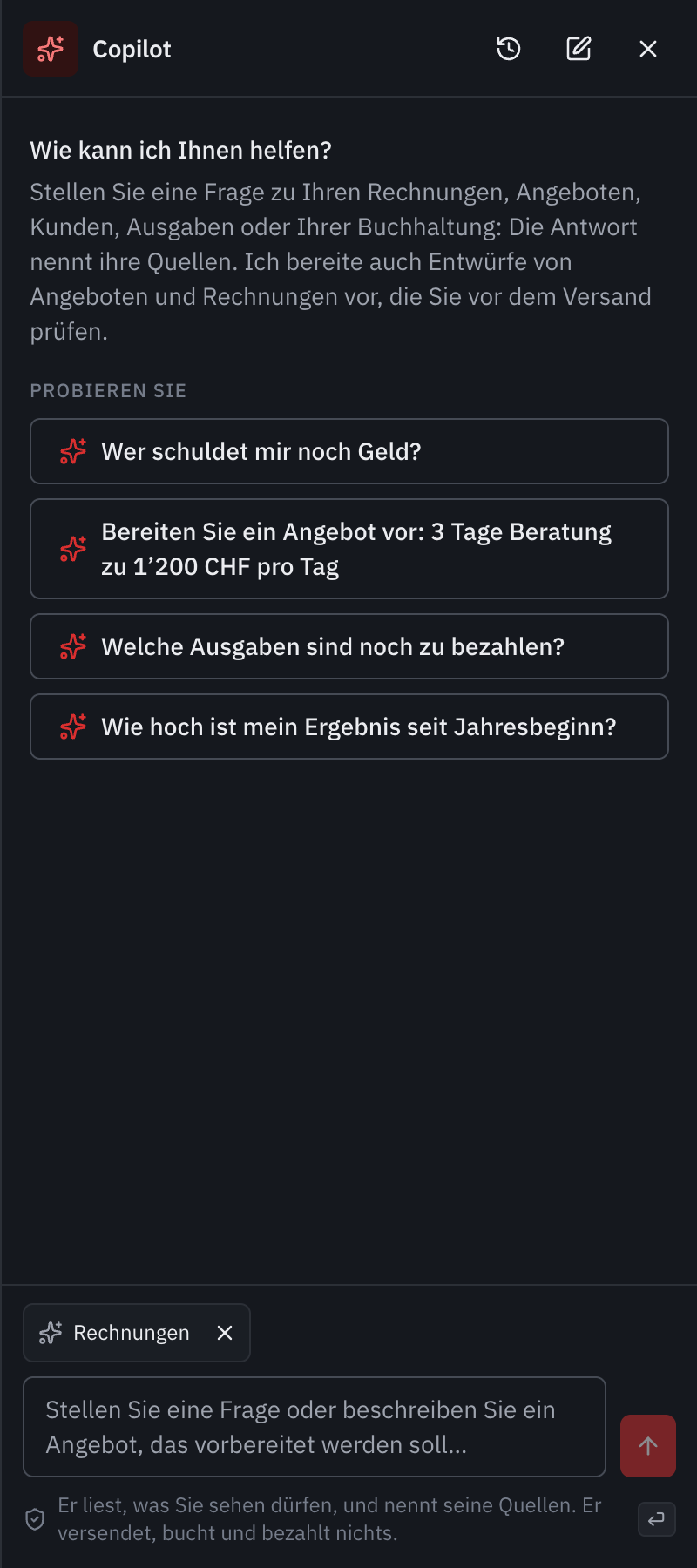 Der Bereich Copilot rechts neben den Rechnungen: Wie kann ich Ihnen helfen?, Fragen zum Ausprobieren, die Etikette der Seite und das Fragefeld.