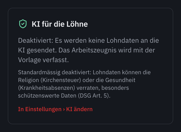 Die Karte KI für die Löhne der Seite Löhne, Versicherungen: Deaktiviert, es werden keine Lohndaten an die KI gesendet, der Grund und der Link In Einstellungen, KI ändern.