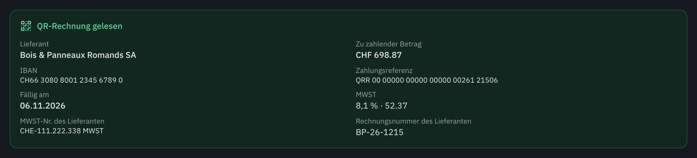 Der Bereich QR-Rechnung gelesen: Lieferant, zu zahlender Betrag, IBAN, QR-Referenz, Fälligkeit, MWST zu 8,1 %, MWST-Nummer und Rechnungsnummer des Lieferanten.