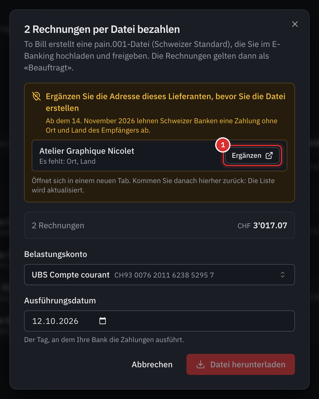 Das Zahlungsfenster mit der Warnung Ergänzen Sie die Adresse dieses Lieferanten, bevor Sie die Datei erstellen: Atelier Graphique Nicolet, es fehlen Ort und Land, mit der Schaltfläche Ergänzen.