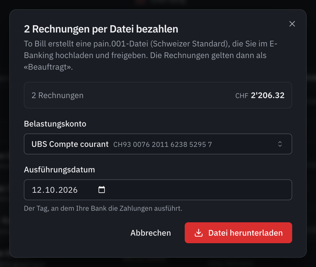 Das Fenster 2 Rechnungen per Datei bezahlen: das Total, das Belastungskonto UBS Compte courant, das Ausführungsdatum und die Schaltfläche Datei herunterladen.