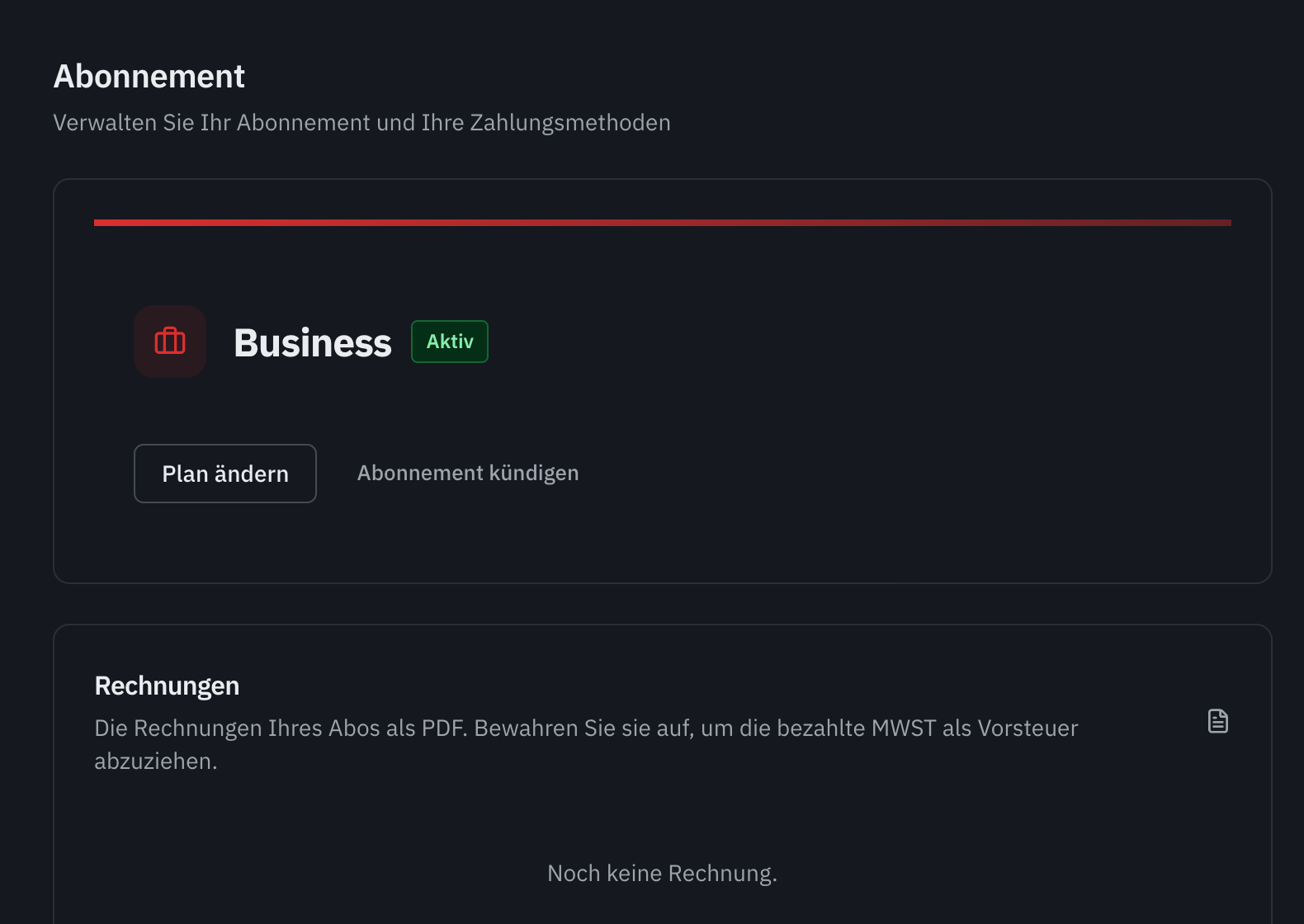 Die Seite Abonnement: der aktive Plan, die Schaltflächen Plan ändern und Abonnement kündigen, und die Zahlungshistorie.