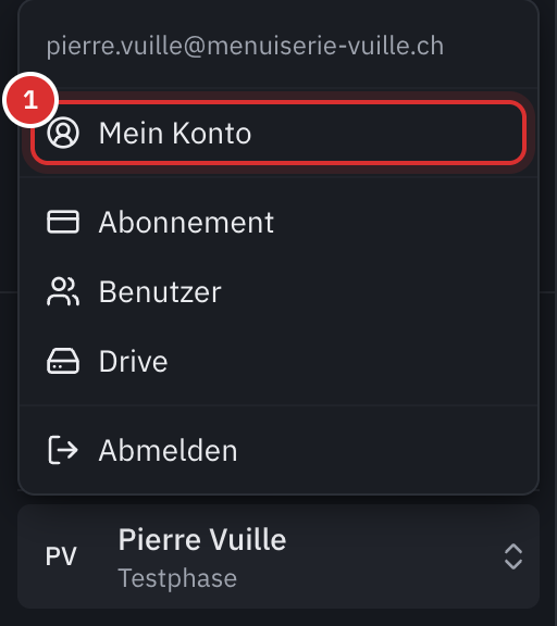 Das geöffnete Kontomenü unten links: die E-Mail, Mein Konto, Abonnement, Benutzer, Drive und Abmelden.