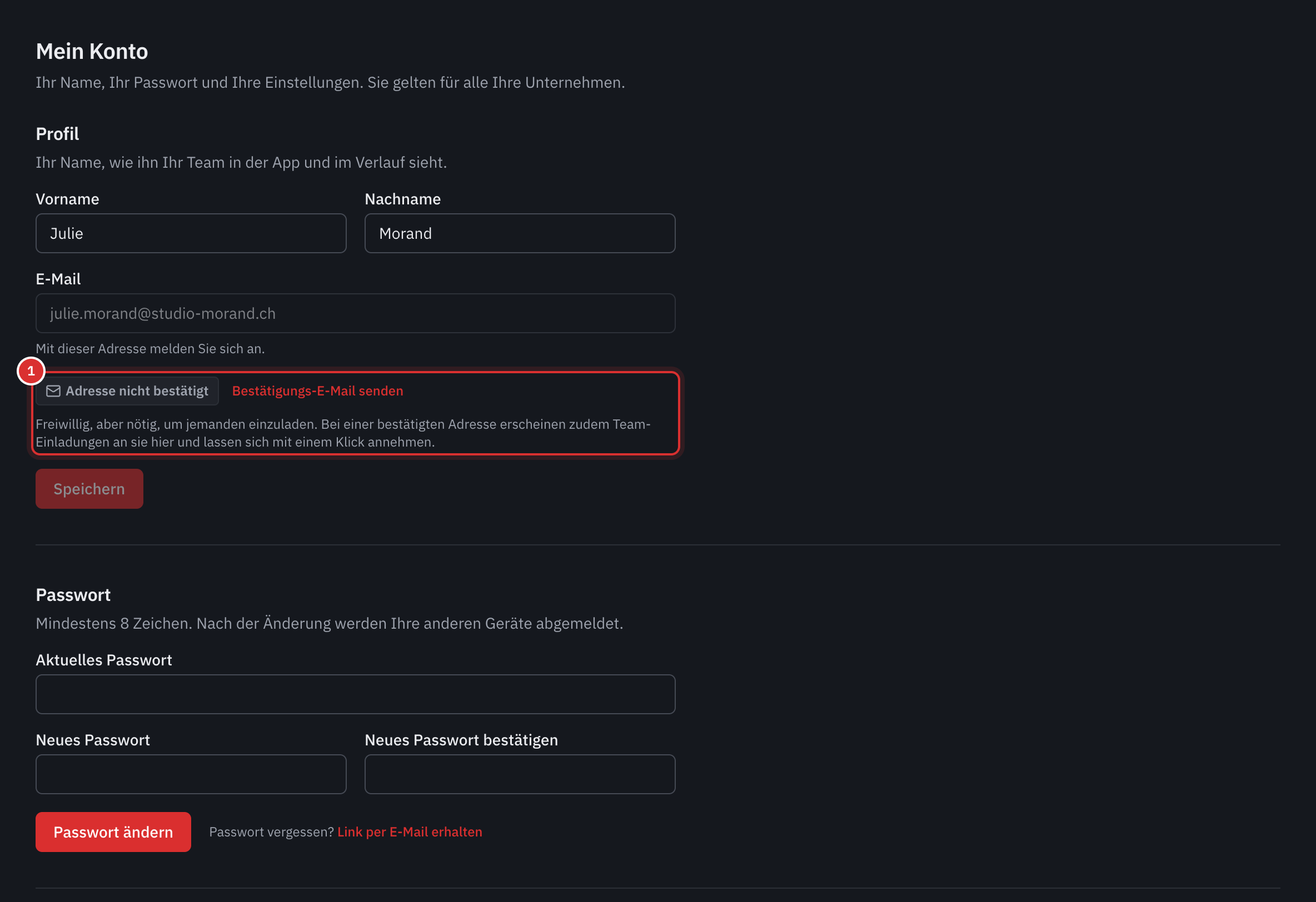 Die Seite Mein Konto: das Profil mit Vorname, Nachname, Anmelde-E-Mail und darunter Adresse nicht bestätigt mit dem Link Bestätigungs-E-Mail senden, dann das aktuelle Passwort, das neue und seine Bestätigung.