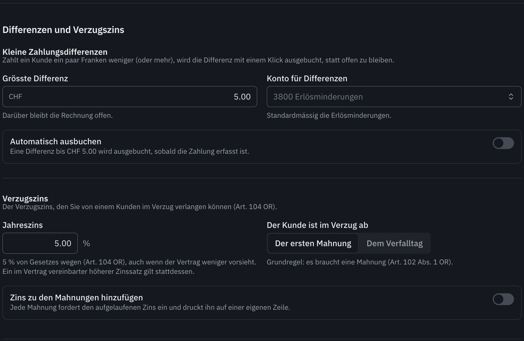 Der Teil Differenzen und Verzugszins: die grösste Differenz, das Konto für Differenzen, der Jahreszins und der Beginn des Verzugs.