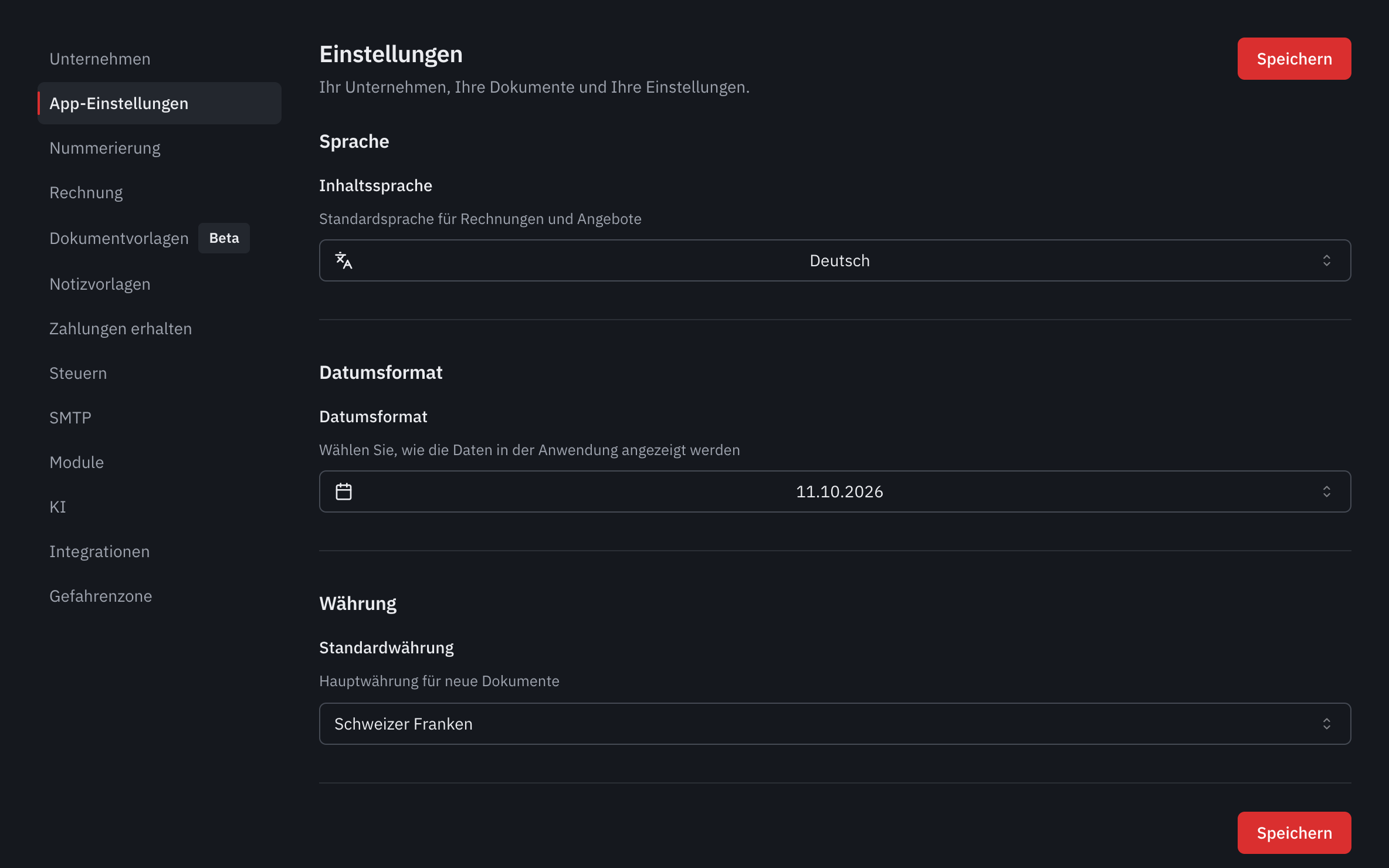 Der Tab App-Einstellungen: die Inhaltssprache, das Datumsformat und die Standardwährung.