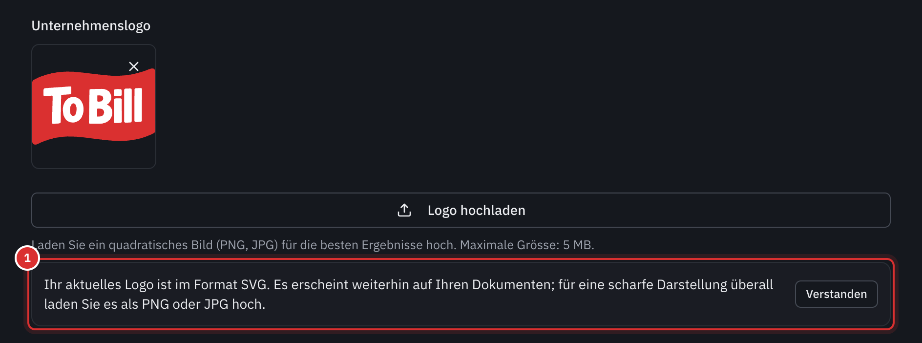 Das Unternehmenslogo in den Einstellungen, die Schaltfläche Logo hochladen und darunter die Meldung Ihr aktuelles Logo ist im Format SVG… mit der Schaltfläche Verstanden.