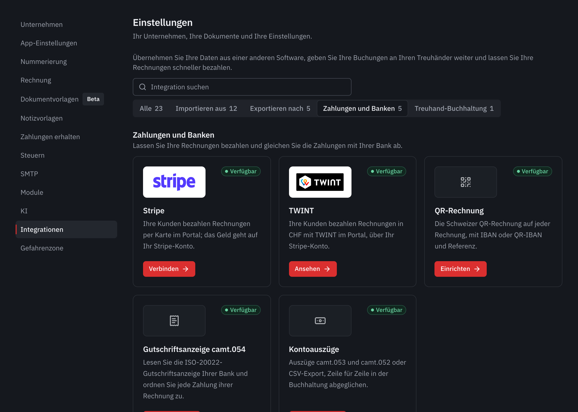 Die Kategorie Zahlungen und Banken: Stripe, TWINT, QR-Rechnung, Gutschriftsanzeige camt.054 und Kontoauszüge.