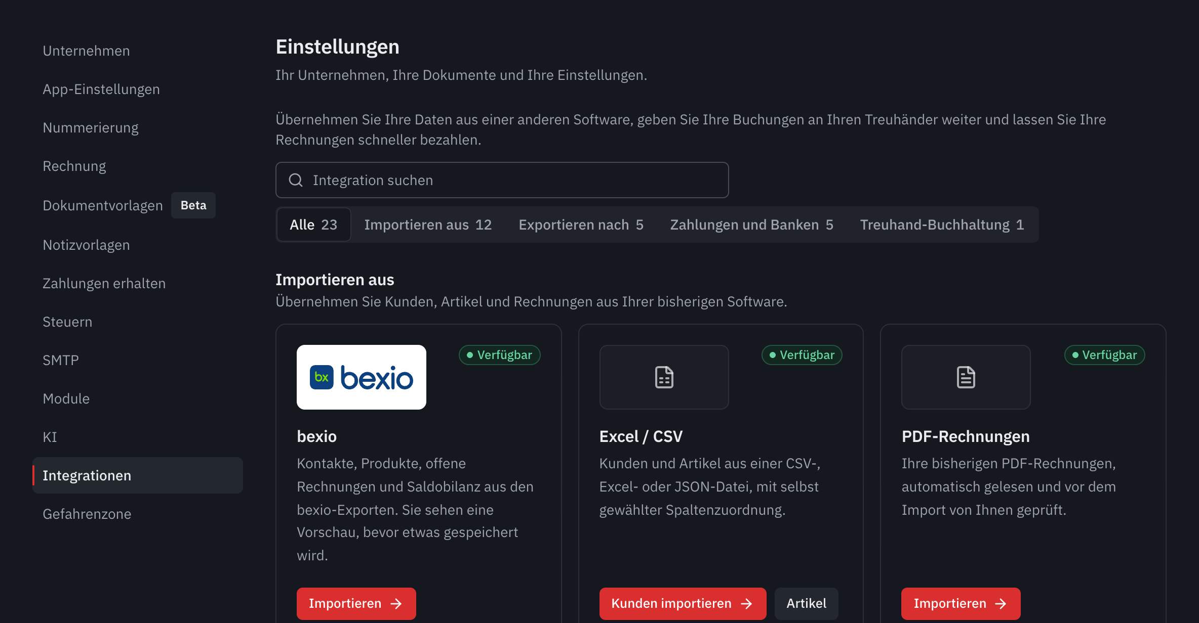 Der Tab Integrationen der Einstellungen: die Suche, die Kategorien und die Karten bexio, Excel / CSV und PDF-Rechnungen.