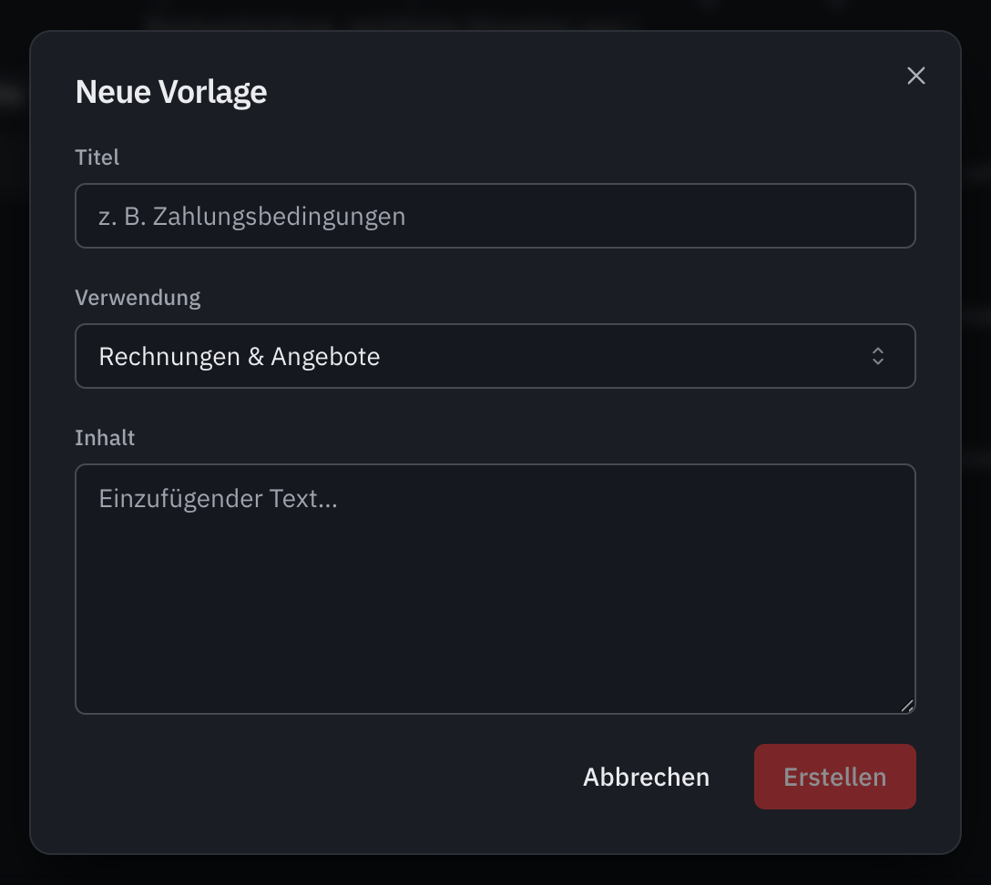 Das Fenster Neue Vorlage: Titel, Verwendung und Inhalt der Notiz.