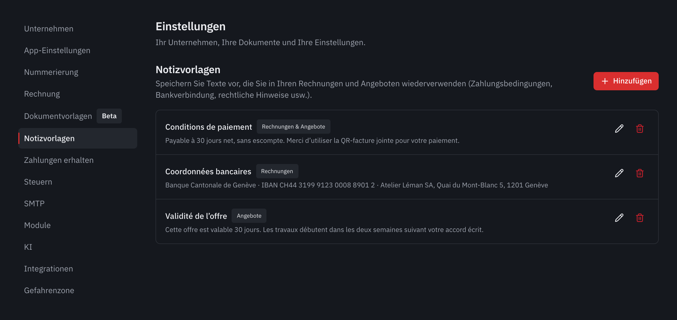Die Liste der Notizvorlagen: Zahlungsbedingungen, Bankverbindung und Gültigkeit des Angebots, mit ihrer Verwendung.