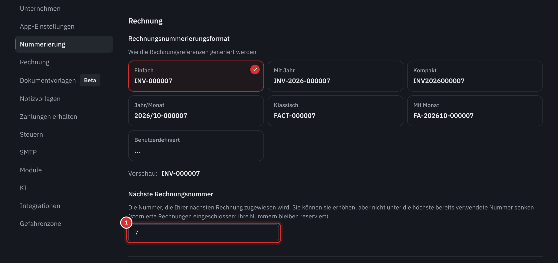 Der Teil Rechnung: die Nummerierungsformate der Rechnungen und das Feld Nächste Rechnungsnummer.