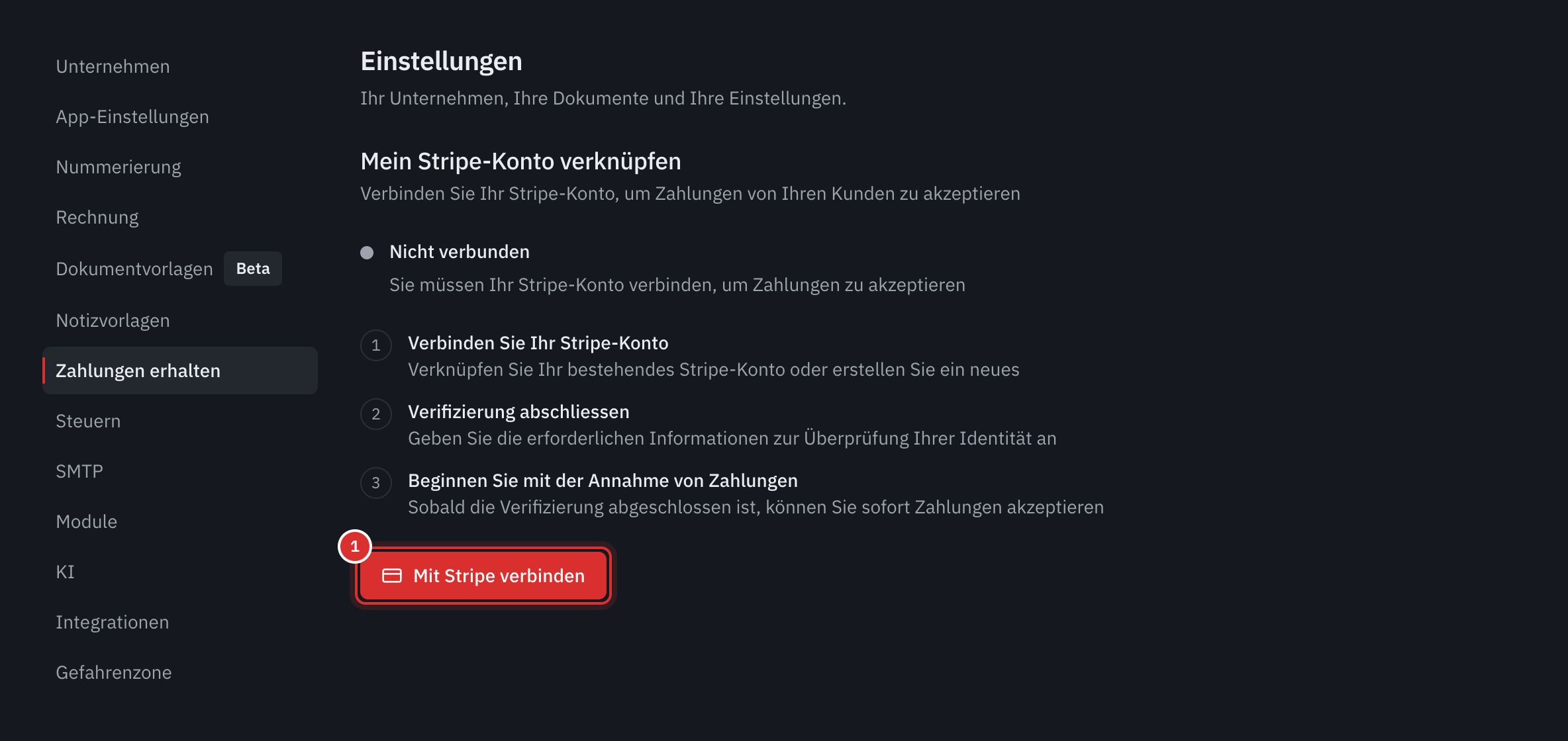 Der Tab Zahlungen erhalten: der Kasten Nicht verbunden, die drei Schritte und die Schaltfläche Mit Stripe verbinden.