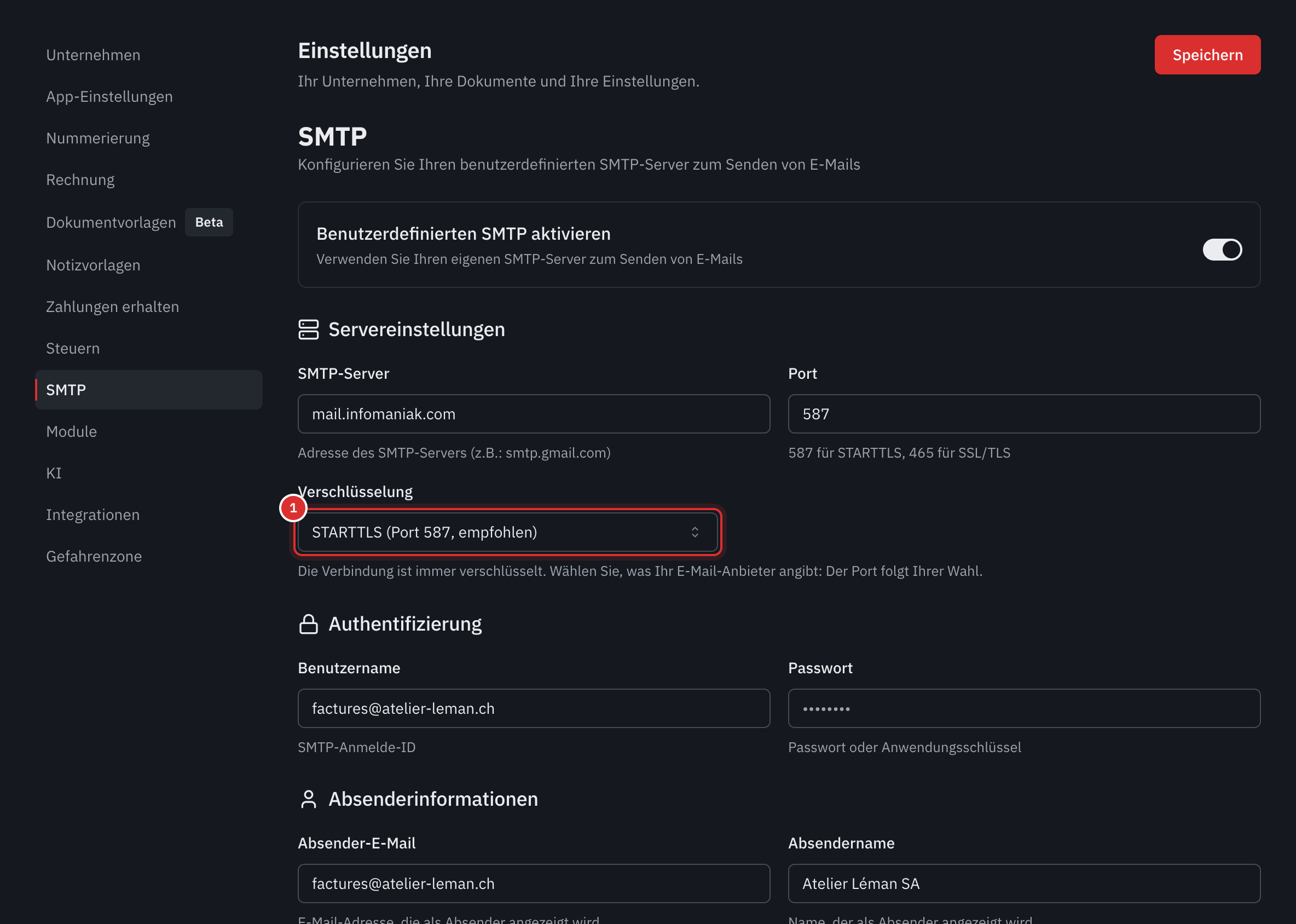 Der Tab SMTP: Server, Port, Verschlüsselung, Authentifizierung und Absender.
