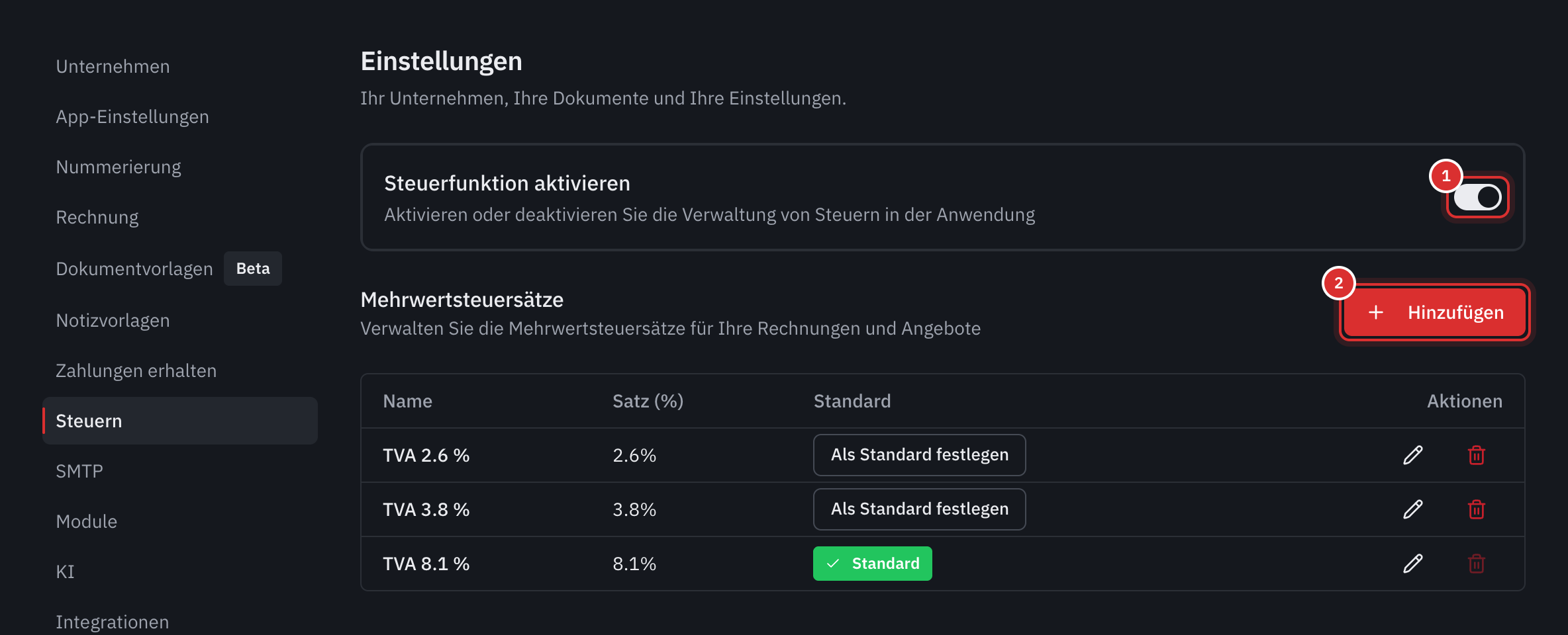 Der Tab Steuern: der Schalter Steuerfunktion aktivieren und die Liste der MWST-Sätze, mit dem Standardsatz.