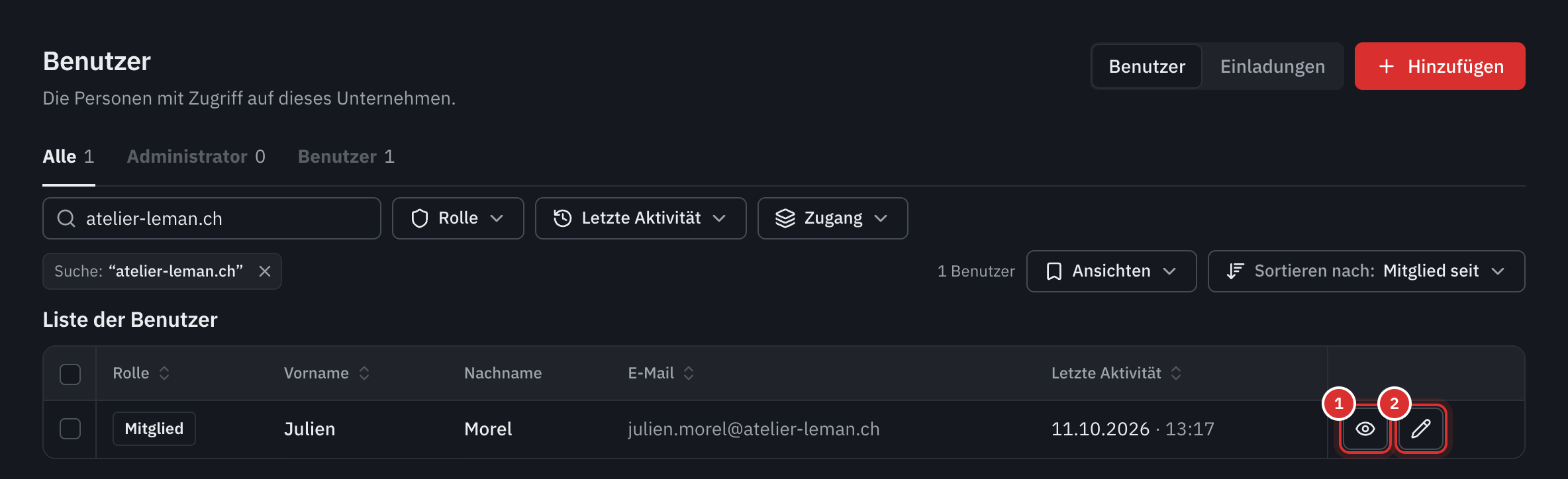 Die Liste der Benutzer: Rolle, Vorname, Name, E-Mail und letzte Aktivität jeder Person, mit den Schaltflächen Details und Bearbeiten.