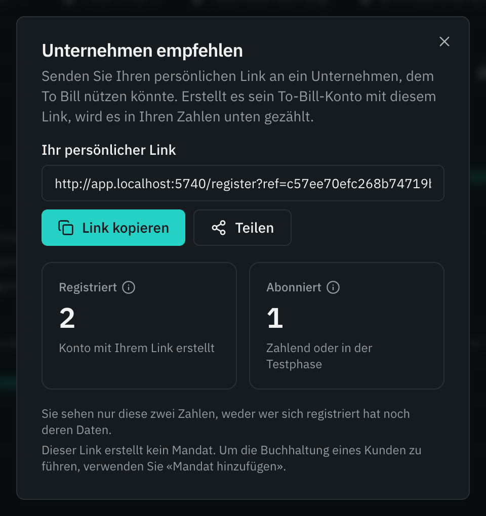Das Fenster Unternehmen empfehlen im Cockpit: der persönliche Link, Link kopieren und Teilen, die Zähler Registriert und Abonniert und der Satz Dieser Link erstellt kein Mandat.
