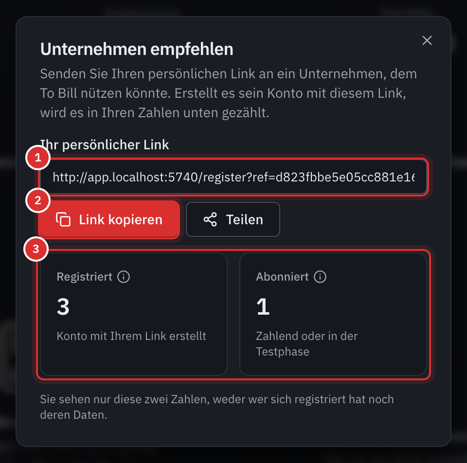 Das Fenster Unternehmen empfehlen: der persönliche Link, die Schaltflächen Link kopieren und Teilen, darunter die Zähler Registriert und Abonniert.