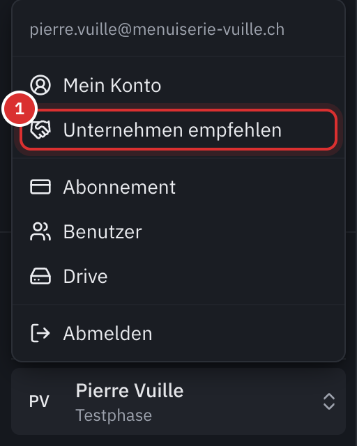 Das geöffnete Kontomenü unten links, mit dem Eintrag Unternehmen empfehlen unter Mein Konto.