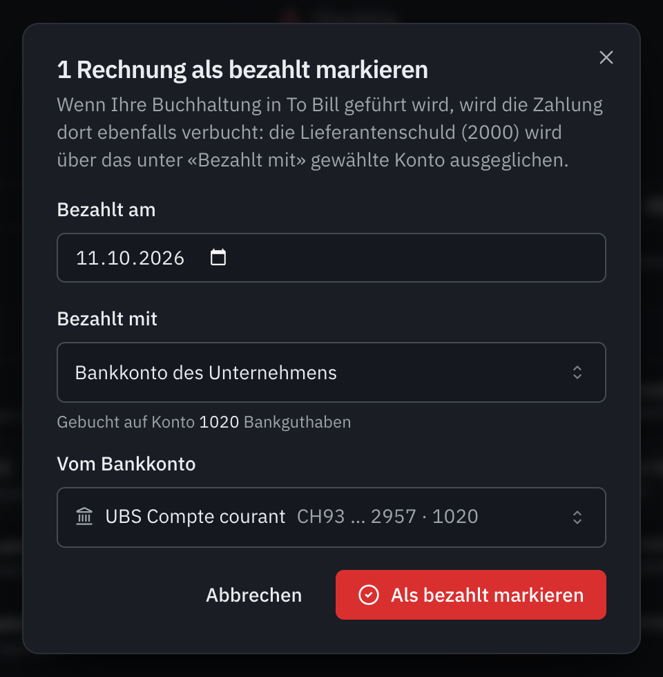 Das Fenster 1 Rechnung als bezahlt markieren: das Zahlungsdatum, Bezahlt mit Bankkonto des Unternehmens, gebucht auf Konto 1020, und das Bankkonto UBS Compte courant.