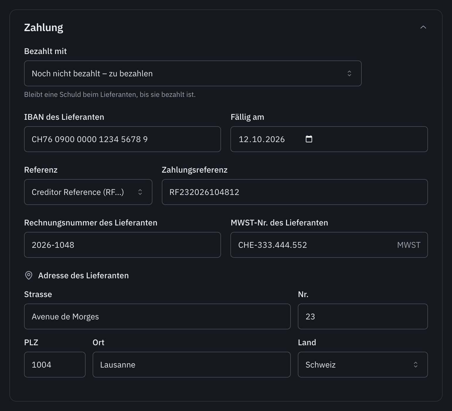 Der Bereich Zahlung einer Lieferantenrechnung: Noch nicht bezahlt – zu bezahlen, die IBAN, die Fälligkeit, die Creditor Reference RF, die Rechnungsnummer, die MWST-Nummer und die Adresse des Lieferanten.