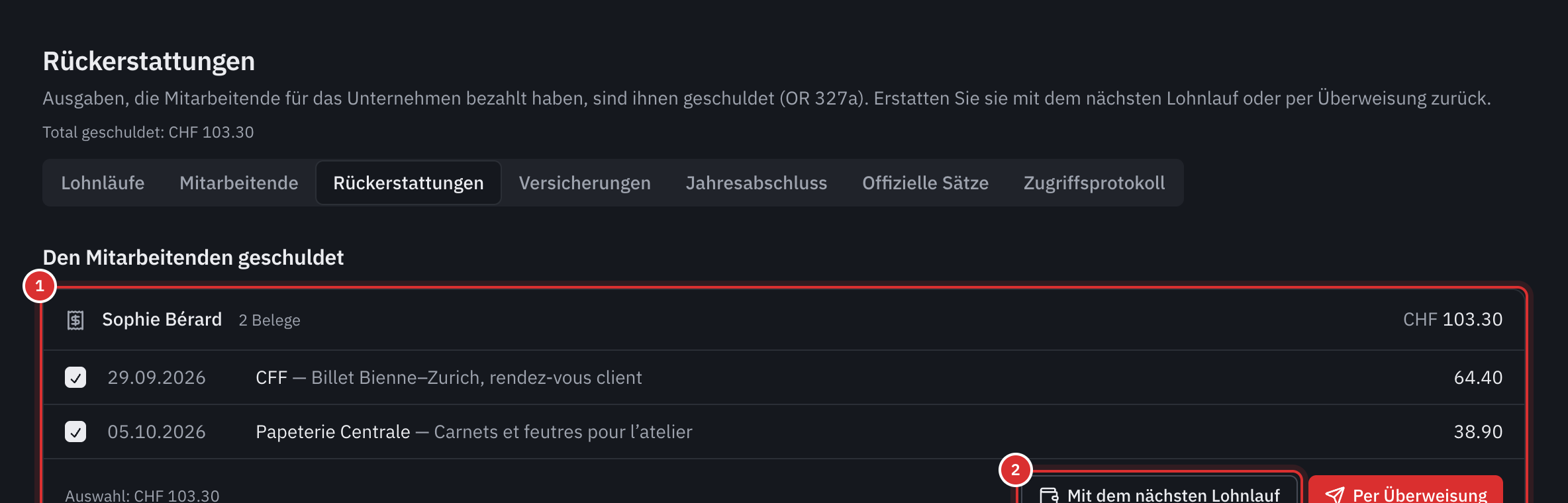 Die Seite Rückerstattungen: unter Den Mitarbeitenden geschuldet zwei von Sophie Bérard vorgeschossene Ausgaben, angekreuzt, mit den Schaltflächen Mit dem nächsten Lohnlauf und Per Überweisung.