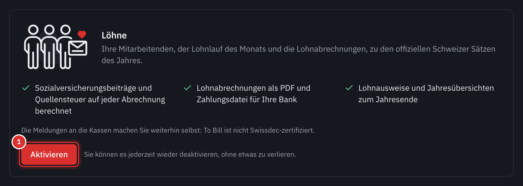 Die Karte Löhne unter Einstellungen, Module: was das Modul tut, der Vermerk zu Swissdec und die Schaltfläche Aktivieren.